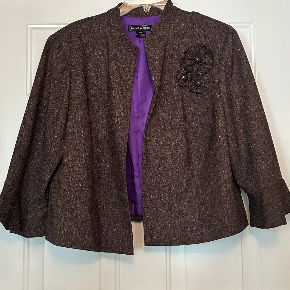 Jessica Howard Vintage Tweed Blazer/Jacket 18W Brown Lined Crop Career Feminine